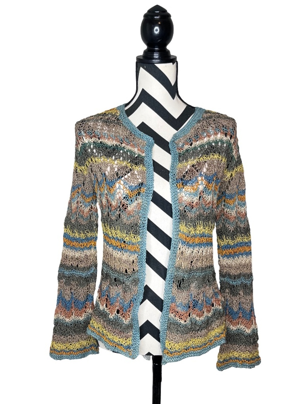 Whimsigoth Fairycore Y2K Boho Earthy Crotchet Bell-Sleeve Cardigan Sz S